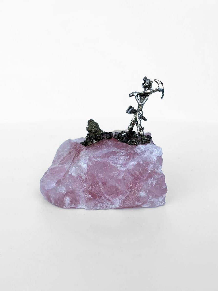 Rose Quartz Pyrite Miner Figurine – Natural Stone Gift & Decor