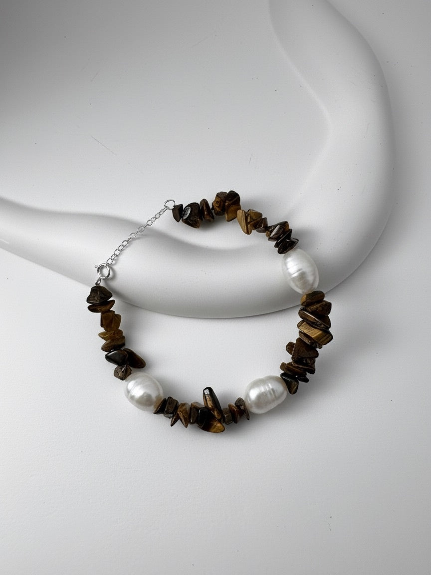 Tiger's Eye Natural Stone With Perl Bracelet
