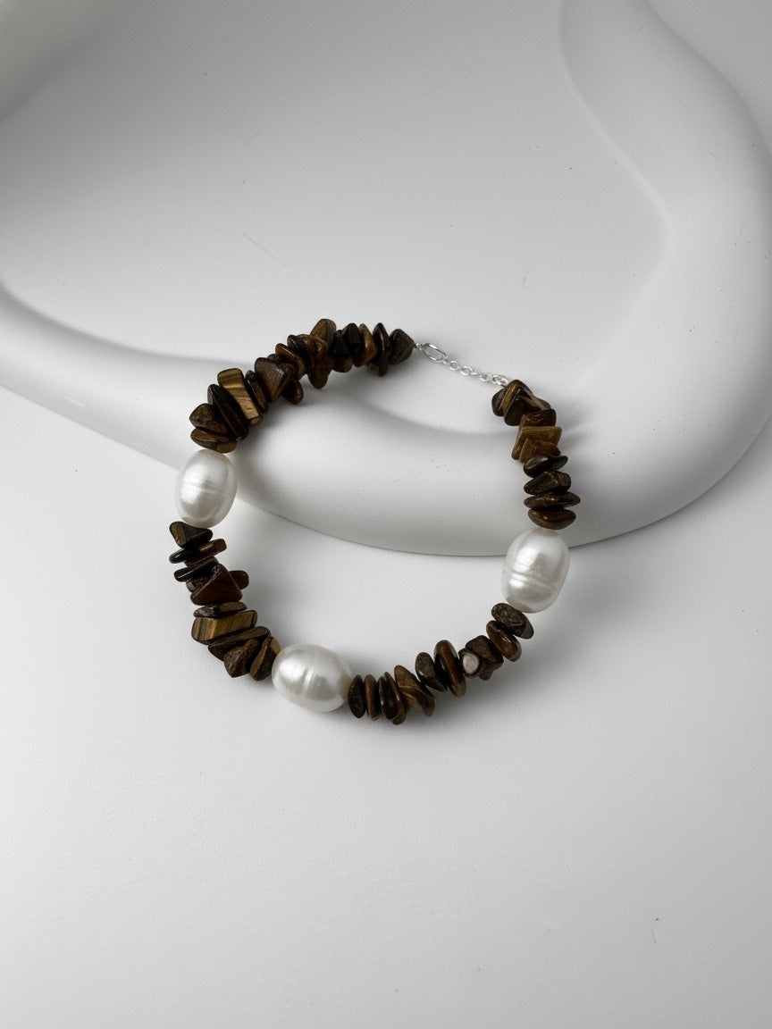 Tiger's Eye Natural Stone With Perl Bracelet